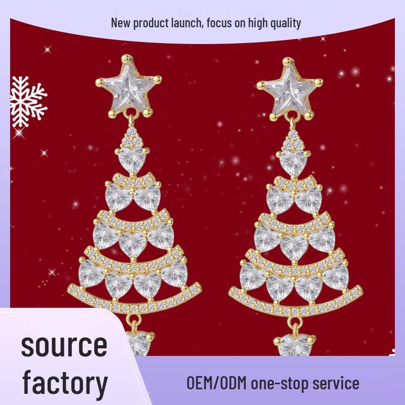 E0541 Boucles d'oreilles arbre de Noël haut de gamme pour femmes: Style Européen & Américain, Cuivre avec Zircon Plaqué Or