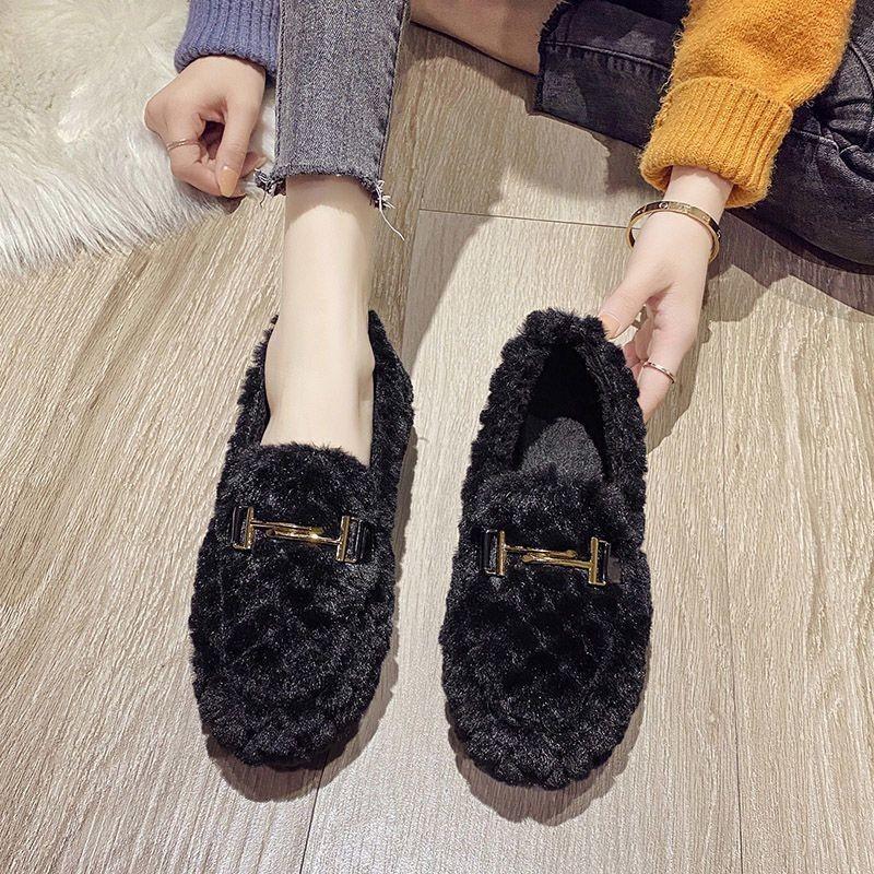 Winter new Doudou shoes fluffy shoes wear flat-bottomed velvet cotton shoes thick-soled bow cotton shoes low-top warm shoes