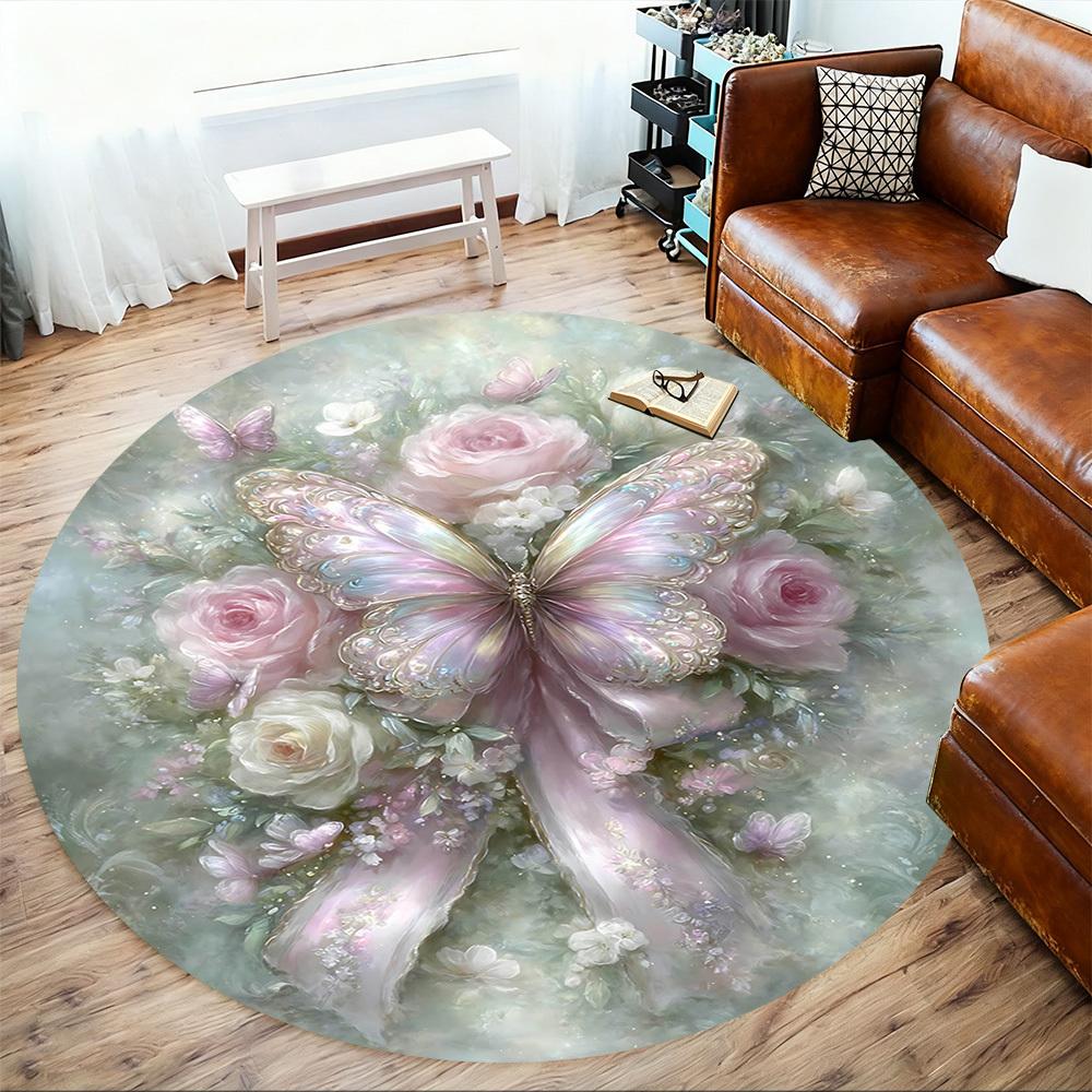 1pc Butterfly, Floral Round Chair mat Area Rug - Non-Slip, Floor Mat for Office, Bedroom, and Indoor Decor-1002313