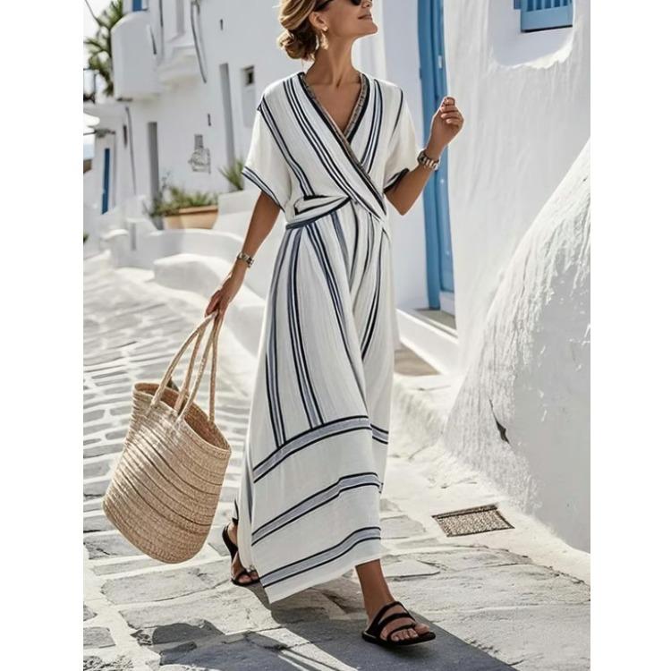 Women Long Sleeve V Neck Striped Belted Maxi Dress Bodycon Midi Dress Casual Vacation S