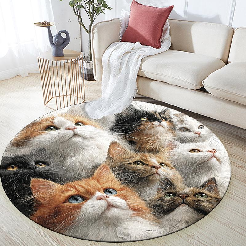 Curious Cat Round Area Rug,Carpet Rug for Living Room Bedroom Sofa Playroom Decor,Non-slip Floor Mat