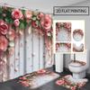 4Pcs 2D Pink Rose Print Shower Curtain Set with Non-Slip Bath Mat, Toilet Lid Cover, Contour Rug & 12 Hooks, Bathroom Decor