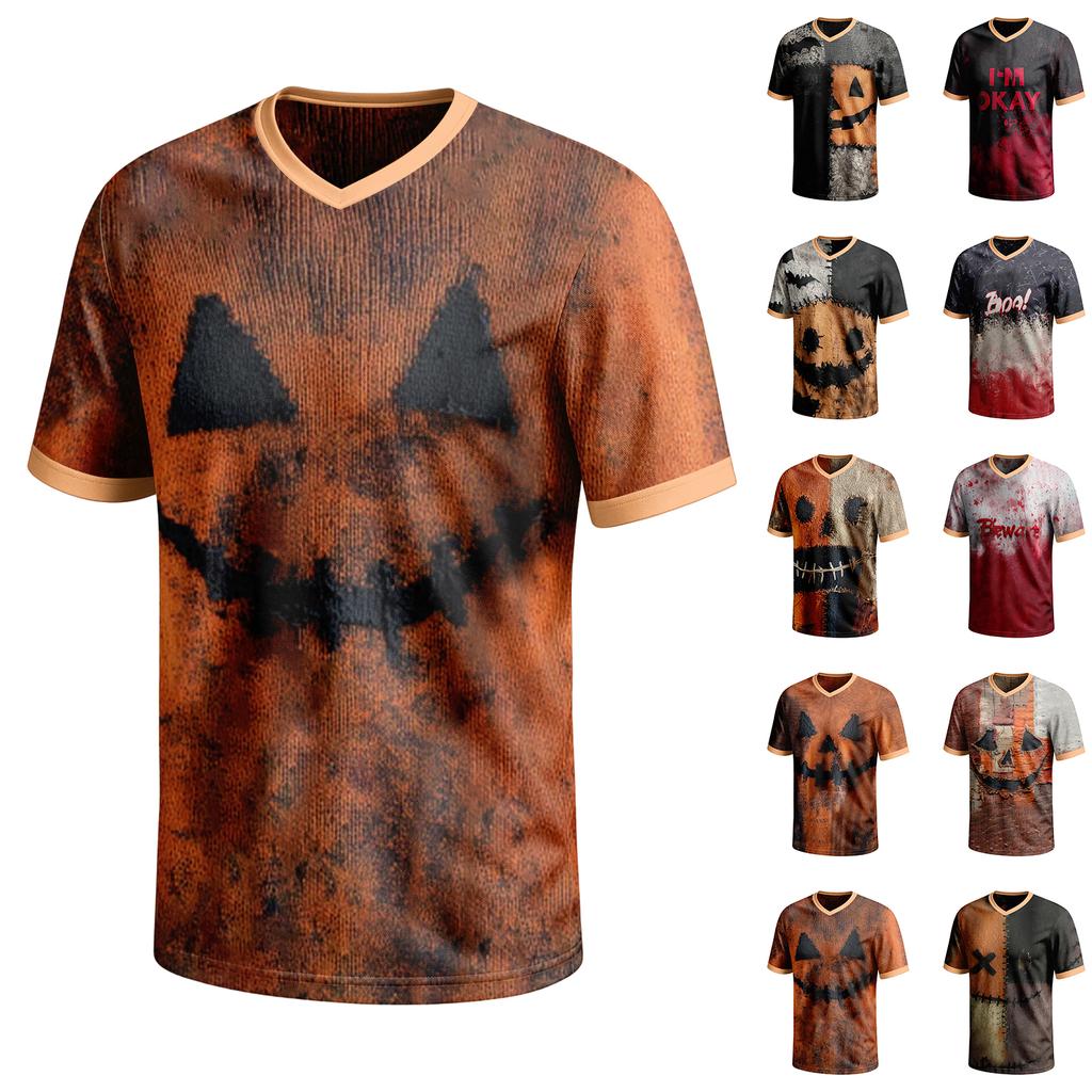 Men's Halloween Print V-Neck Short Sleeve T-Shirt Casual Summer Top