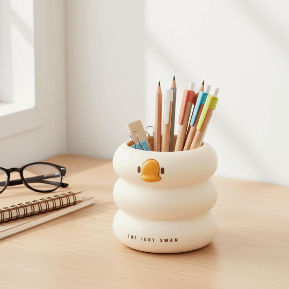 Cartoon Design Duck-Shaped Desk Organizer Ice Cream Theme Storage Bucket Student Use