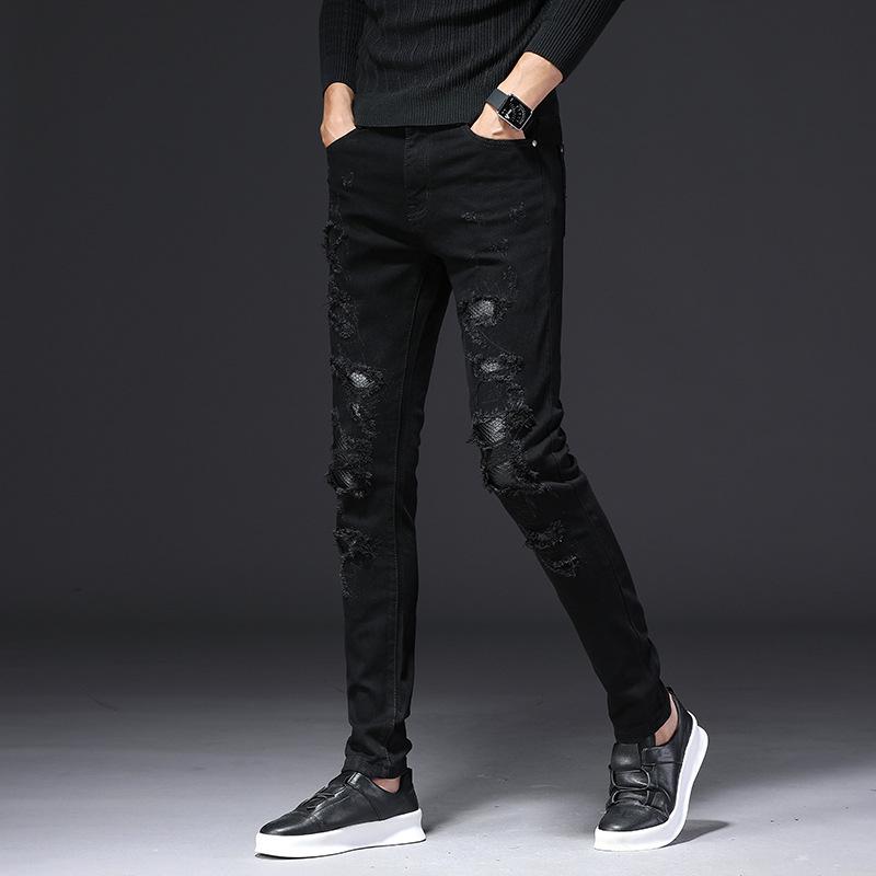 Hombre rasgado parche negro jeans pies delgados tendencia pantalones  elásticos comprar a buen precio — entrega gratuita, reseñas reales con  fotos — Joom