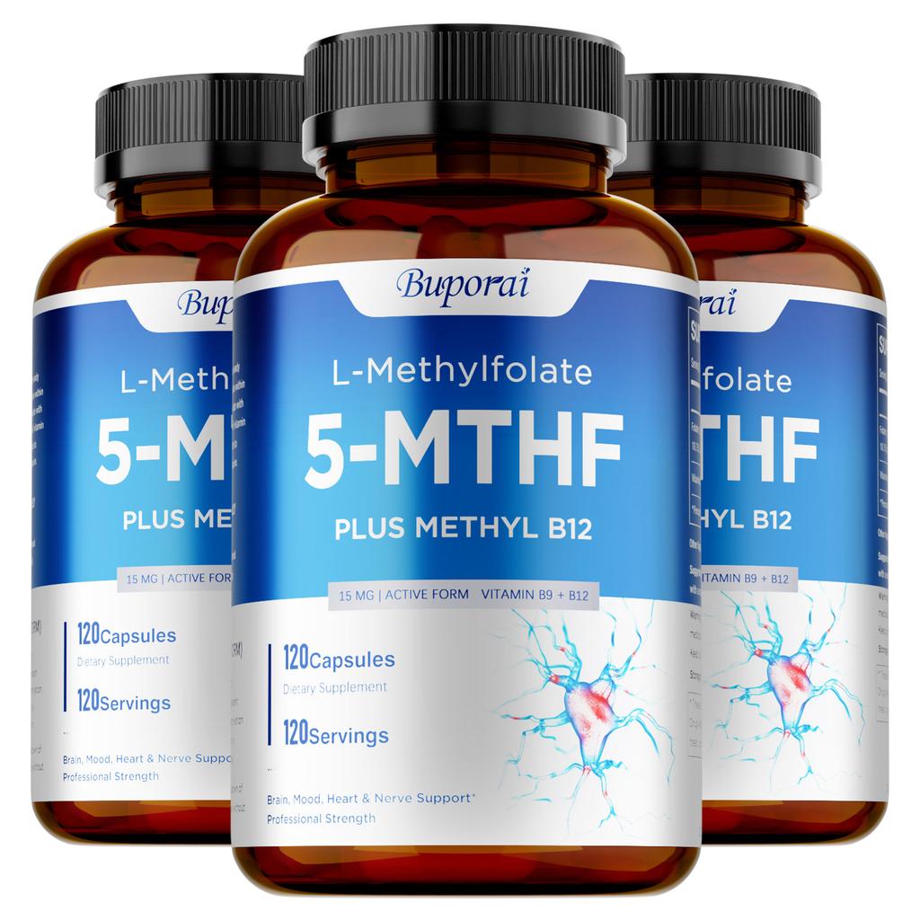 Buporui L-Methylfolat 5-MTHF Kapseln mit Methyl-B12, Aktives B-Vitamin-Nahrungsergänzungsmittel zur Unterstützung der Methylierung & des täglichen Wohlbefindens