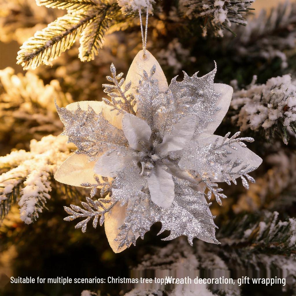 Gold Sparkle Christmas Floral Ornament Set: Three-Layer Simulation Flowers for Tree, Wreaths & Holiday Gifts