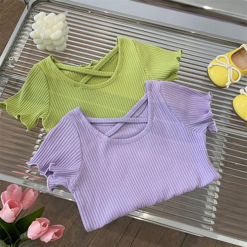 Girls Fashion Back Cross Short Sleeve T-shirt Summer Kids Solid Color Casual Top