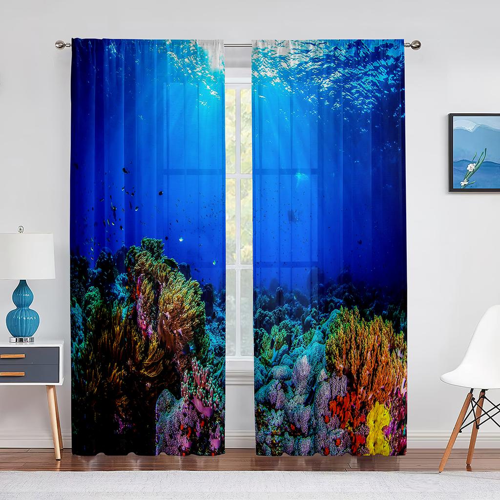 Sea Turtle Sheer Tulle Curtain Ocean Underwater World Tropical Fish Coral Reef Sheer Voile Curtain for Bedroom Living Room Decor