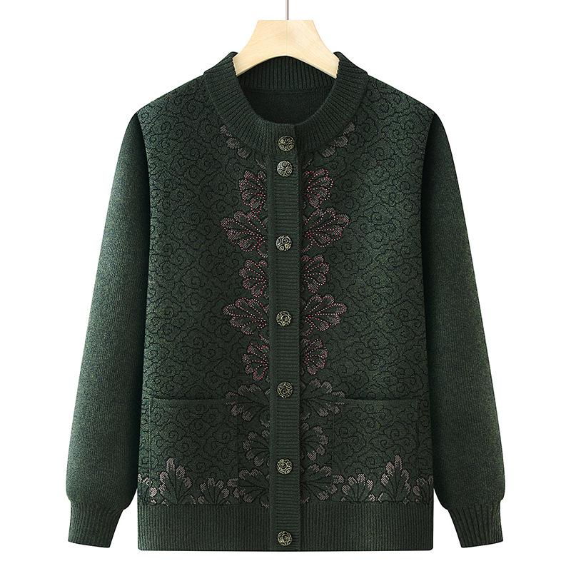 

Вязаный кардиган с круглым вырезом для женщин среднего и пожилого возраста - Свитер в стиле бабушка для весны и осени One Size (suitable for 90-140 jin)