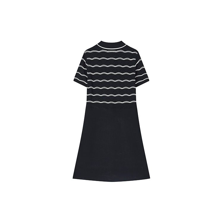 Fila Logo Striped Polo Fashion Elegant Breathable Sports Casual Mid-Length Short Sleeve Dress Women Dresses Legendary-Blue F11W327302F-NV