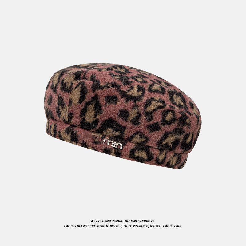 New Leopard Print Beret Literary Retro Autumn and Winter Octagonal Hat Versatile Sweet and Cool Painter Newsboy Hat Trend