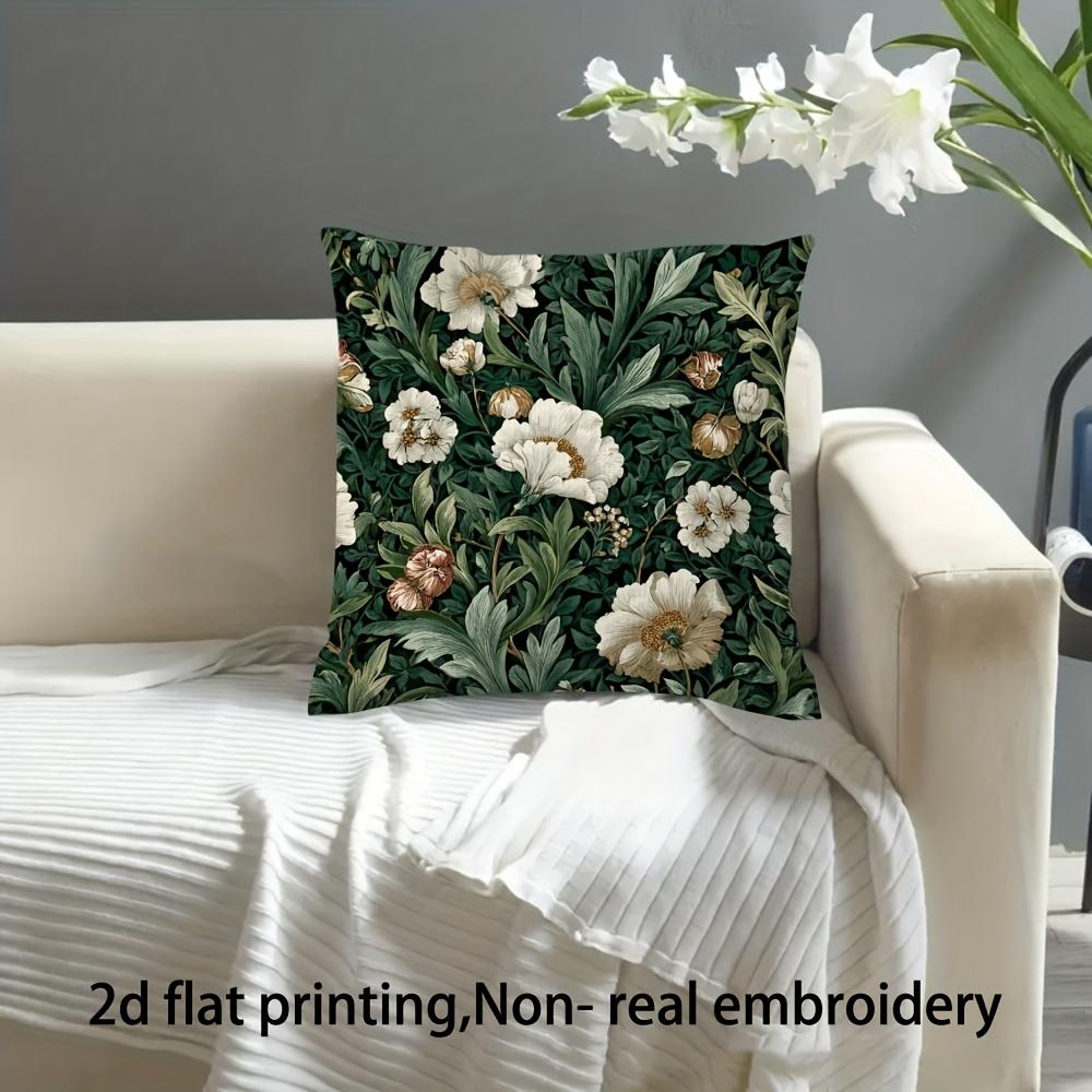 Elegant Floral Pillow Cover, Dark Green And White Botanical Design Cushion Case For Living Room Bedroom Home Decor Gift