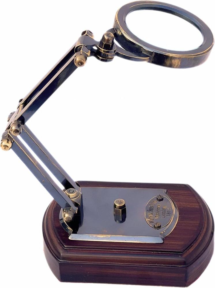 5X Brass Desk Top Magnifying Glass with Adjustable Stand and Wooden Base Vintage