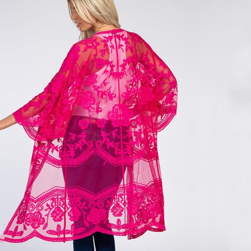 Summer New Lace Bikini Cover Up Sexy Sheer Mesh Embroidered Elegant Dress Casual Beach Cardigan Women Swimwear Cover Up Q894