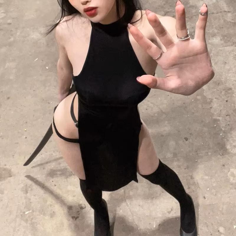 Gothic Goth Dark Cosplay High Waist Split Side Sexy Sleeveless Dress Slim Women Summer Night Clubwear