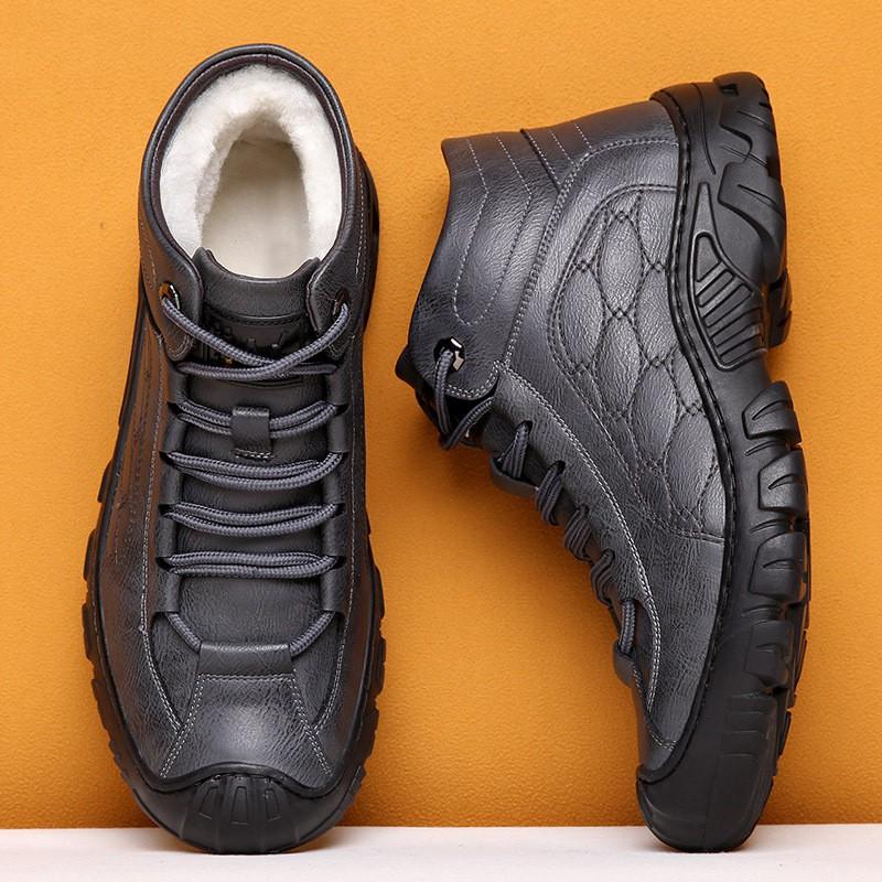 Mens Winter Warm Faux Fur Lined Leather Snow Boots Slip Resistant High Top Casual Martin