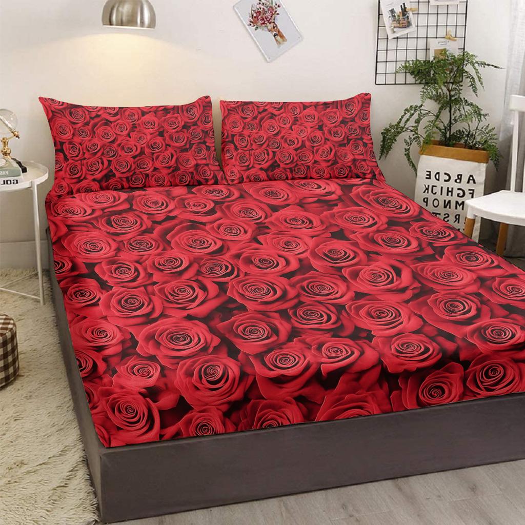 3-Piece Bed Linen Set With Roses All Over, Comes With Two Pillowcases, Suitable For The Bedroom (Romantic, Couples)