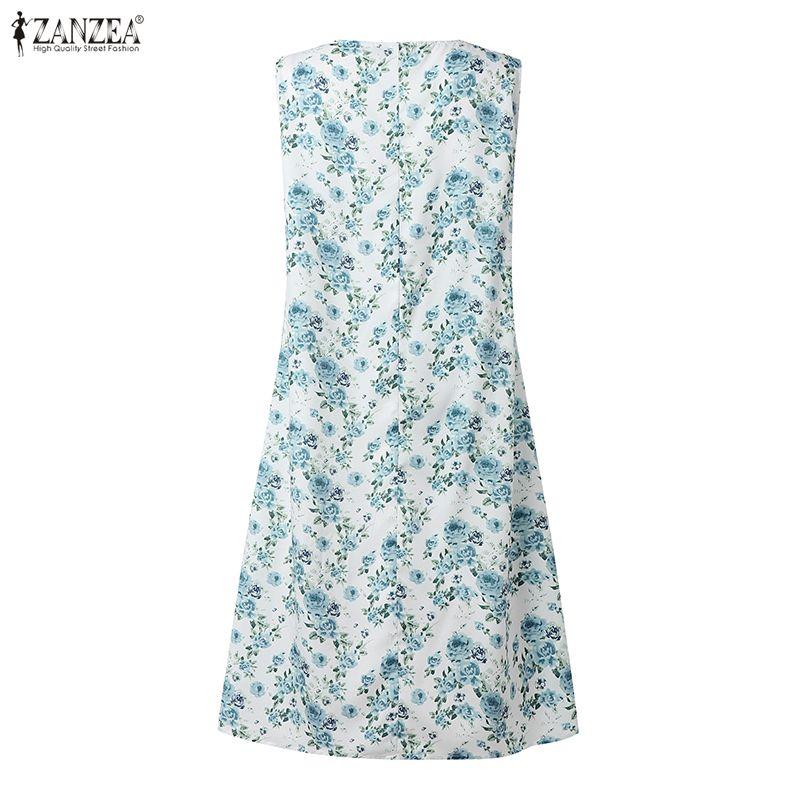 ZANZEA Women Casual Round Neck Sleeveless Floral Print Dress