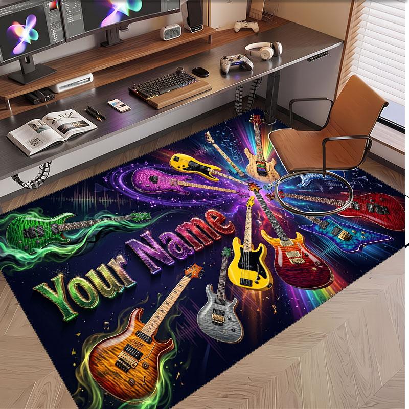 Alfombra de Terciopelo de Cristal Suave con Tema de Guitarra Musical Impresión de Nombre y Texto Personalizados Alfombra de Piso Antideslizante para Dormitorio Sala de Estar