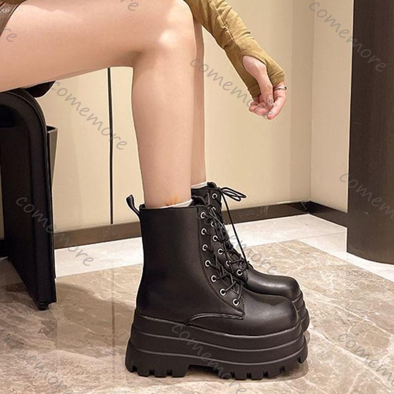 Fashion Comemore Chunky Platform Black Ankle Boots Women Shoes 2025 New Spring Autumn Leather Booties Punk Thick Bottom Motorcycle Boots