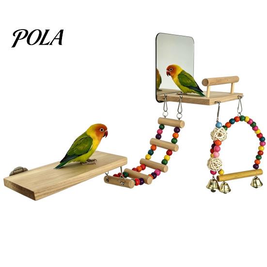 Niet-reflecterende Vogelspiegel 1 Set Kooi Papegaai Speeltjes, Houten Zitstok Platform met Spiegel, Ladder, Kleurrijk Acryl Veiligheid voor Vogels Kralen Belletjes Schommel,
