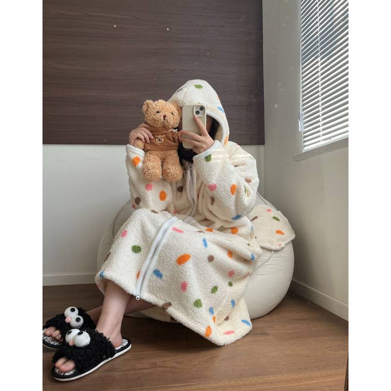 Women's Striped Fleece Hooded Robe, Thickened Warm Flannel Coral Velvet Loungewear Pajama Sets