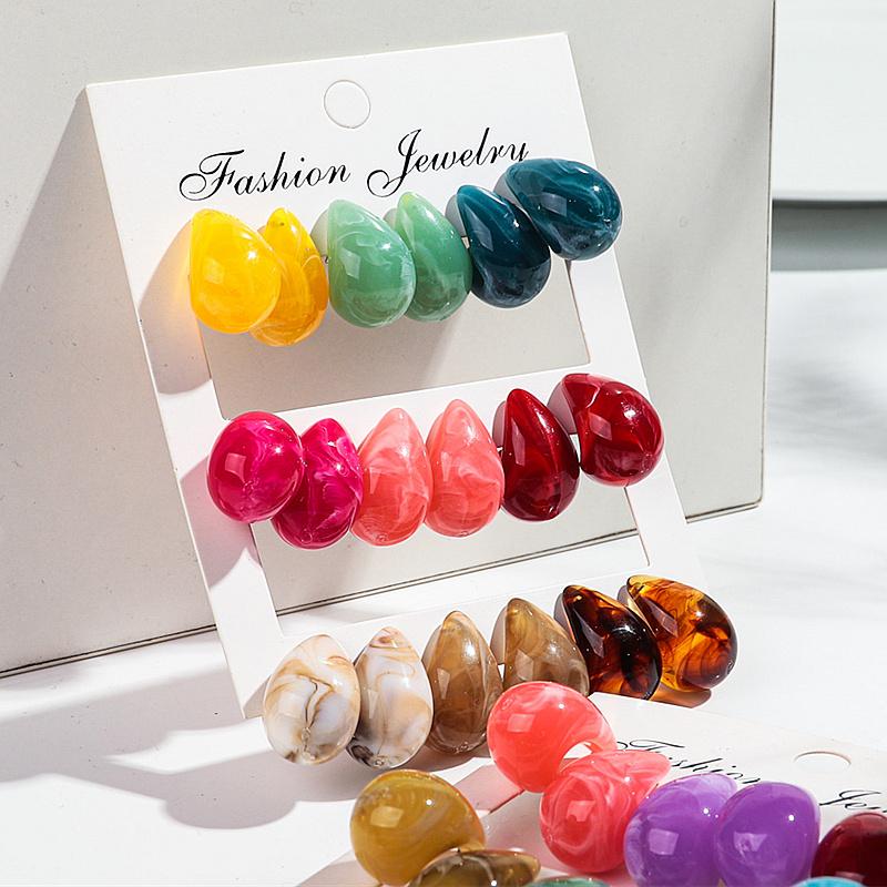9Pairs Multicolour Acrylic Chunky Water Drop Earring Dupes for Women Retro Resin Small Dome Earring Fashion Jewelry Set Gifts