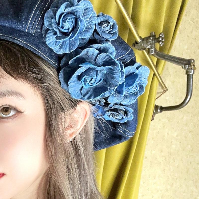 1PC Woman Vintage Blue Camellia Elegant Trendy Fashion Denim Fabric Painter Cap Beret