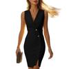 Ärmelloses V-Ausschnitt Wickel Bodycon Kleid mit dekorativen Knöpfen und asymmetrischem Saum für Damen Büroparty