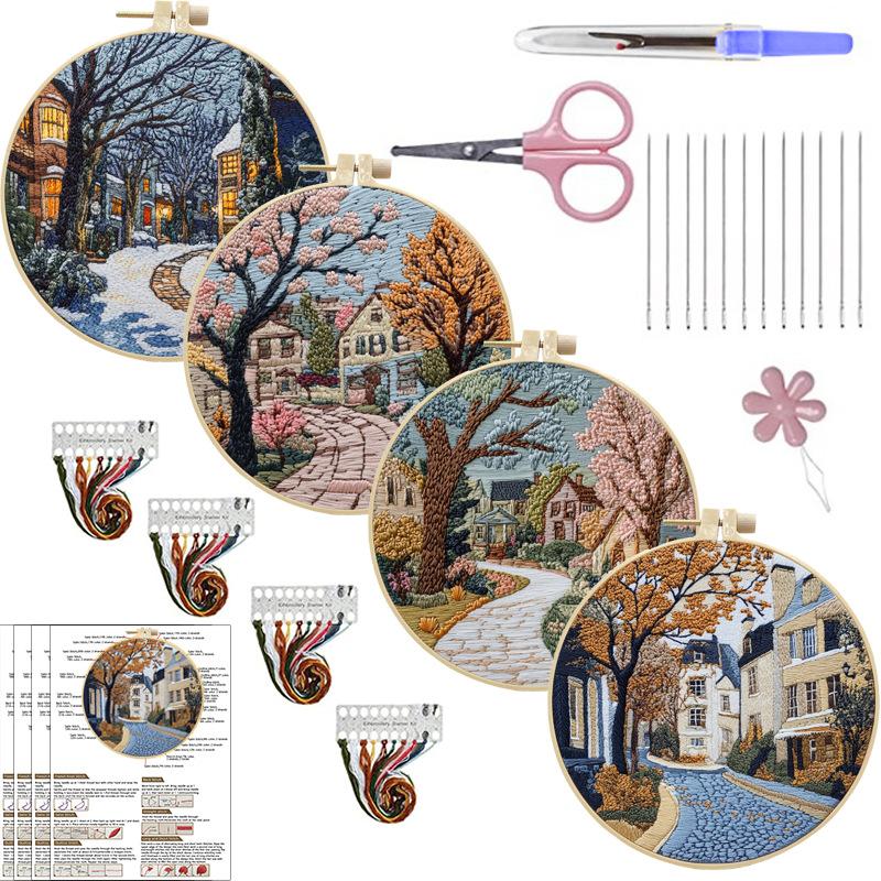 1pc House and Tree Landscape Embroidery DIY Fabric Craft Kit with Tools