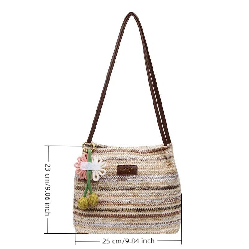 Fashionable Woven Straw Women'S Shoulder Bag Large Capacity Tote Bag Summer Holiday Style Polyester Material Bag