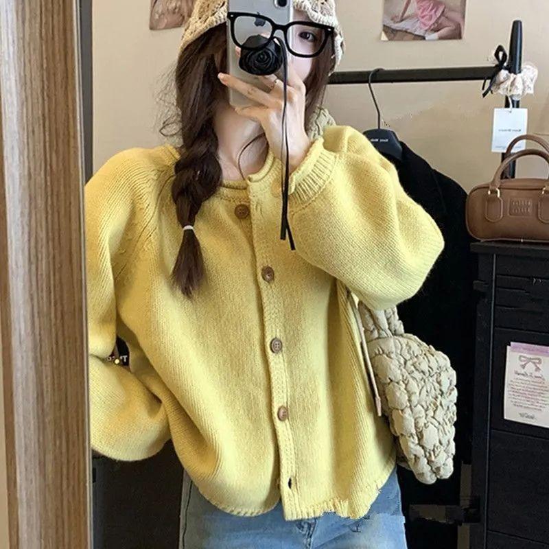 

Knitted Cardigan Spring Autumn Style Lazy Loose Outerwear Round Neck Top Sweater Coat Cuffed Solid Color Short L жовтий