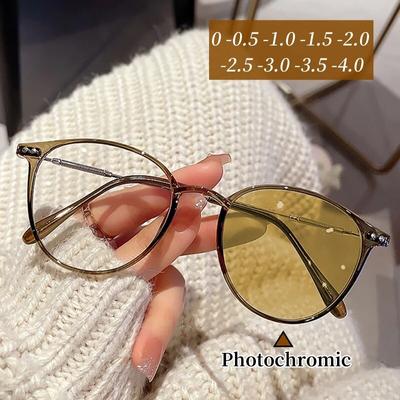 Dámské trendy fotochromatické brýle na krátkozrakost s kulatým rámečkem Unisex Dioptrické brýle s mínusovými dioptriemi -0.5 1.0 -1.5 Až -6.0