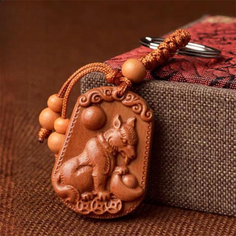 Wooden Protection And Safety Keychain Pendant For Car Decoration And Bag Accessories