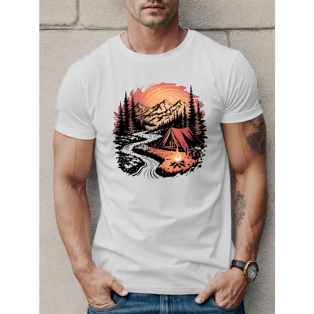 European sizes Men's Short Sleeve Summer & Spring Crew Neck Tee - Comfort Fit, Mountains And Rivers Creative Print Novelty T-Shirt For Daily Wear
