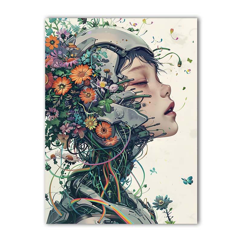 Nordic Wall Art Pretty Robot Girl Flowers Canvas Painting Modern Style Poster Prints Living Room Home Wall Decor