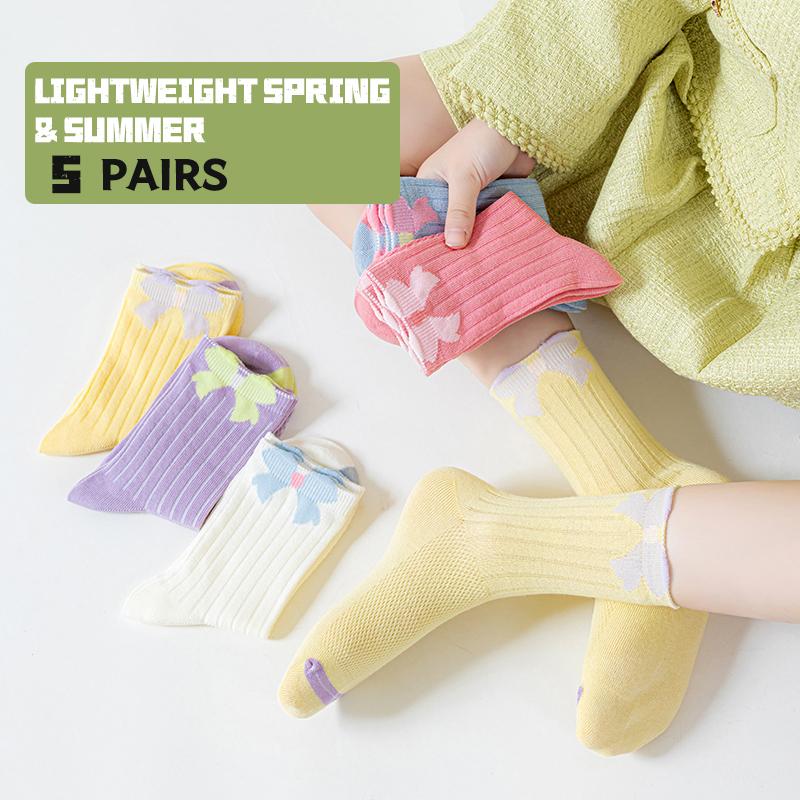 5 Pairs Cute Butterfly Knot Kids Socks Spring Summer Thin Short Colorful Dopaamine Mid-Calf Socks for Girls Pink 3-5