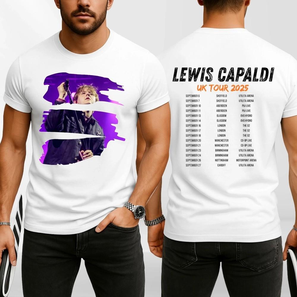HOT Lewis Capaldi UK Tour 2025 T-Shirt Merch Front amp; Back Fan Gift Tee Cotton Unisex T-Shirt L