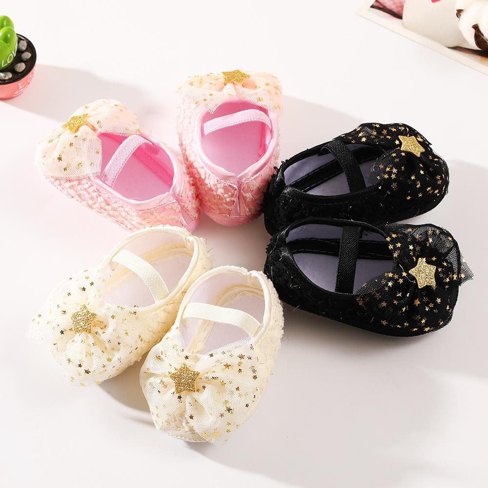Wwo-piece Set Baby Girls Glitter Star Tulle Bow Crib Shoes & Matching Elastic Headband Set, Soft Dot Anti-Slip Sole Mary Jane Princess Shoes