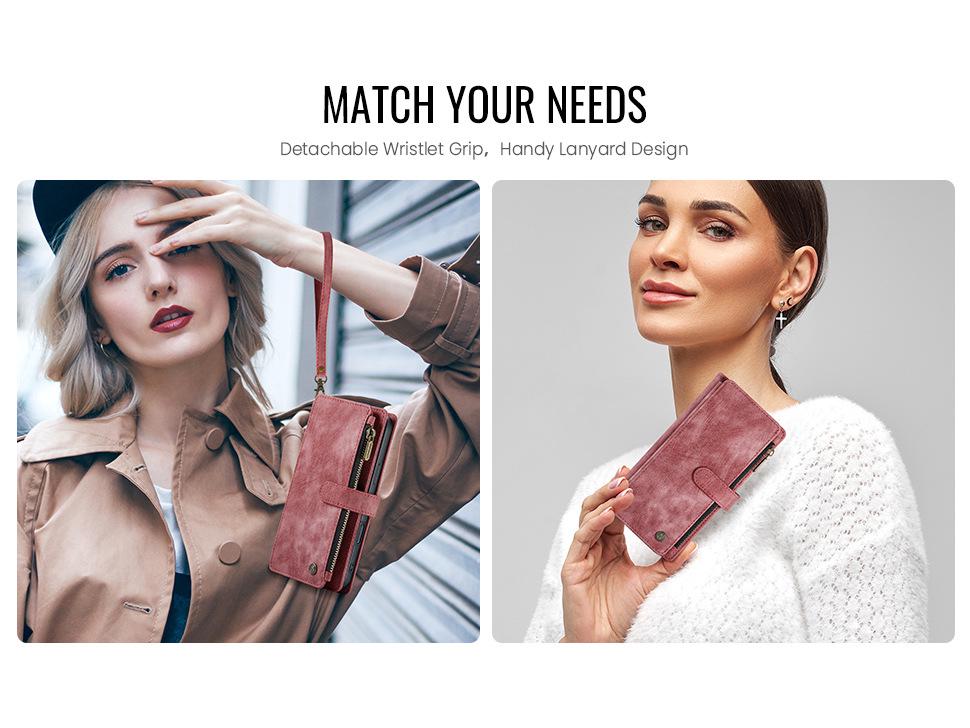 Kožené pouzdro s peněženkou pro Apple 16 Pro Max s přihrádkami na více karet, poutkem na ruku a funkcí stojánku.