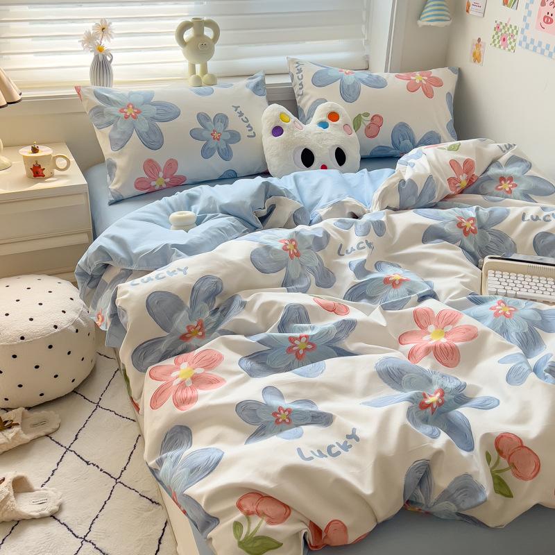 4Pcs Set Class A Maternal Infant Grade Small Fresh Grinding 4-Pcs Set Skin-Friendly Bed Sheet Washed Cotton Quilt Cover Dormitory 3-Piece Set