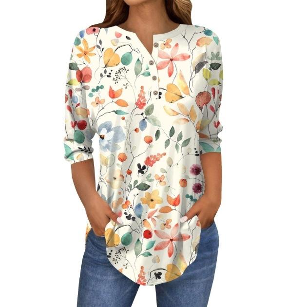 Womens 3/4 Length Sleeve Spring Summer Tops Casual Large Size Retro Floral 3D  Print Shirt Trendy Loose Women Clothing Blouse