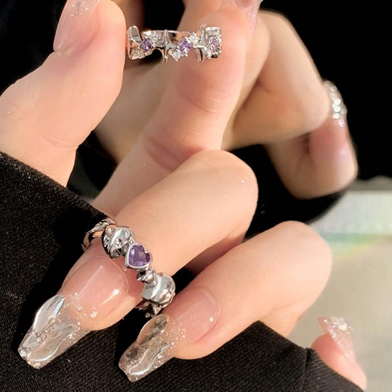 2 Pieces Adjustable Rings Purple Rhinestone Engagement Rings Y2K Rings Aesthetic Jewelry Alloy Material Gift for Women