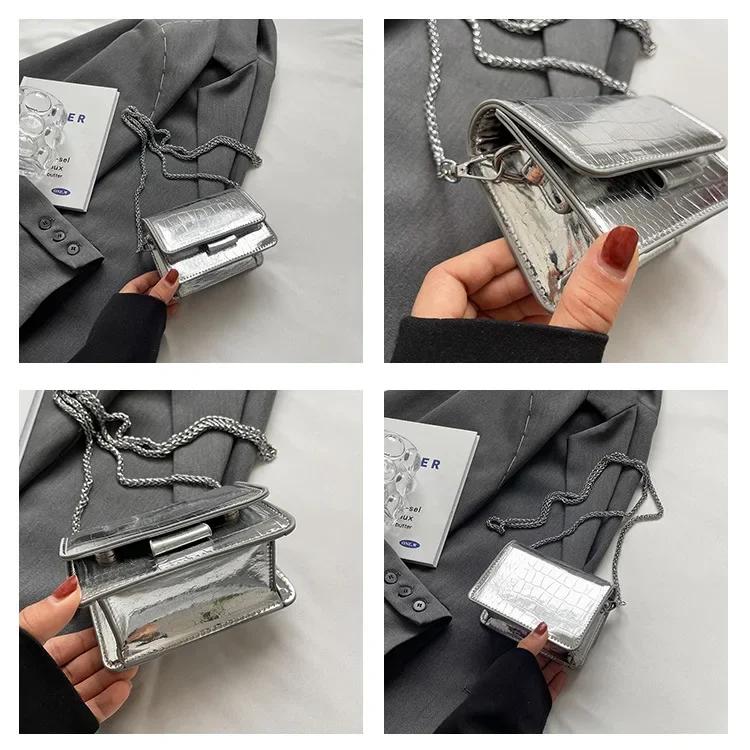 Vintage Women Silver Chic Crossbody Bag Luxury Designer Small Shoulder Bags Fashion Gold Mini Square Cute Pu Leather Handbag