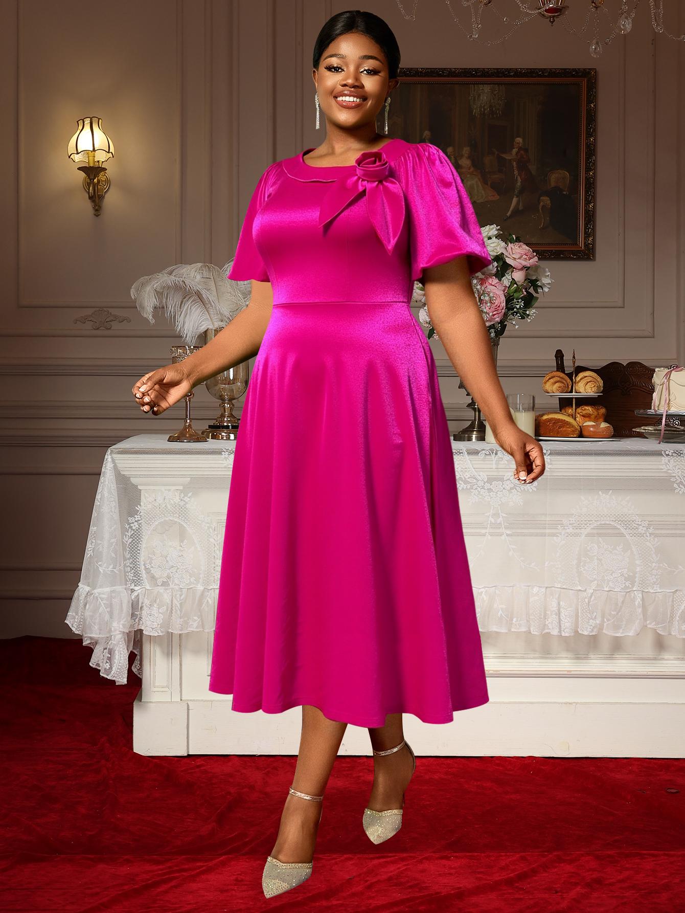 

Rose Elegant Short Lantern Sleeve A-Line Pleated Satin Dress with Asymmetrical Neck 3D Flower for Women Evening Party Midi Dress 4XL