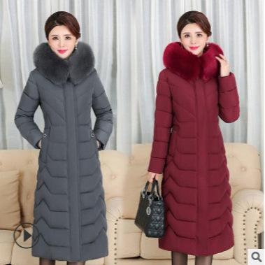 Women's Hooded Long Puffer Jacket Faux Fur Collar Chevron Quilted Zip Up Winter Warm Coat