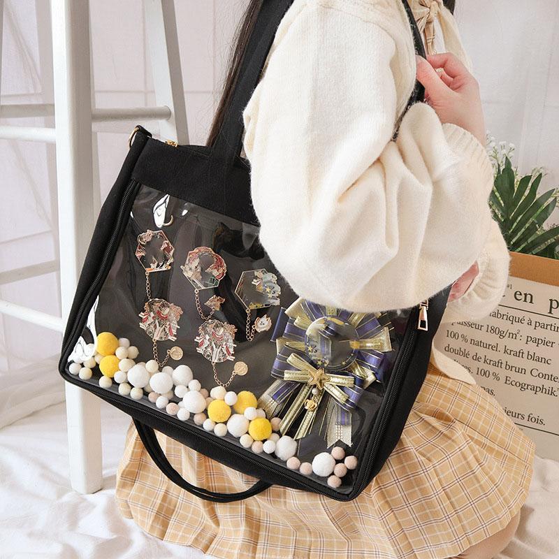 Bag Black with Insert Japanese Cute Clear Women Double Straps Girls Kawaii Transparent Shoulder Bag Purses and Handbags One Size 1286₽