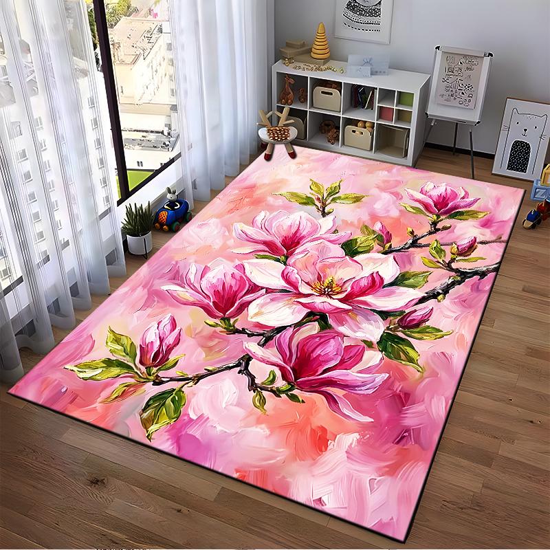 Pink Magnolia Flower Art Carpet for Living Room, Abstract Floral Design Suitable for use as an anti-slip for living room bedroom sofas