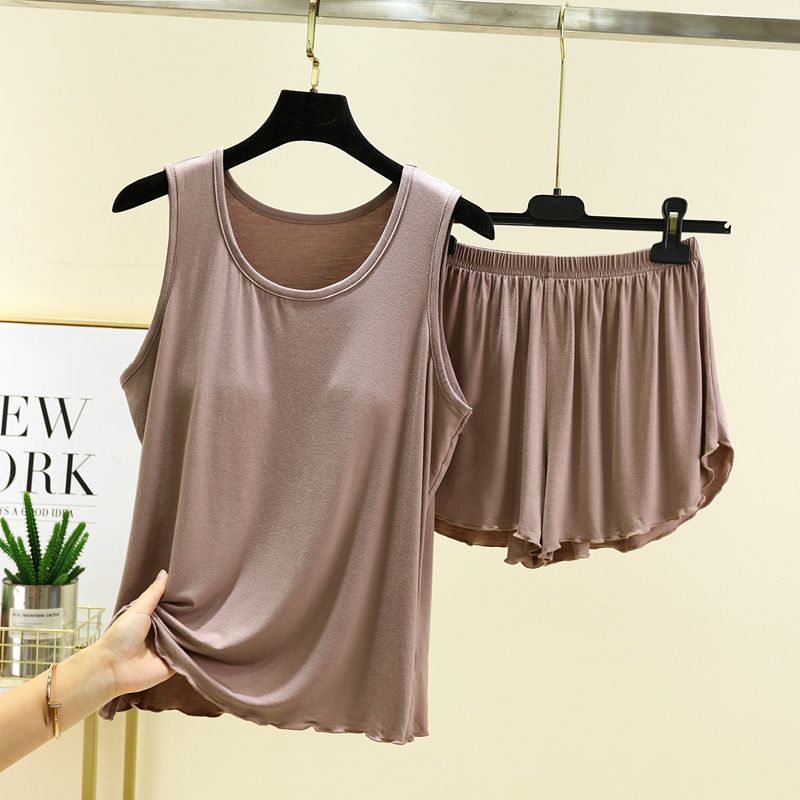 

Комплект майки с нагрудными вкладышами и шорт, летний модальный комплект из двух предметов, топы без рукавов, шорты, большие размеры, повседневная домашняя одежда Khaki 2XL (70.00 kg-85.00 kg recommended